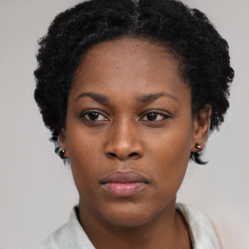 Neutral black young-adult female with short  black hair and brown eyes