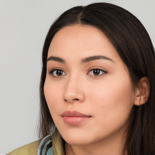 Neutral white young-adult female with long  brown hair and brown eyes