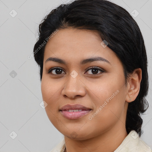 Joyful asian young-adult female with medium  black hair and brown eyes