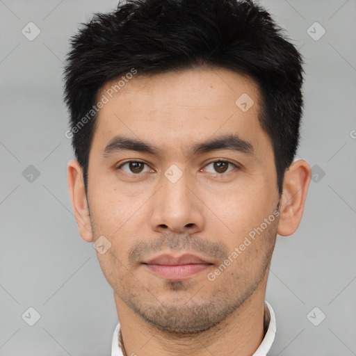 Neutral asian young-adult male with short  black hair and brown eyes