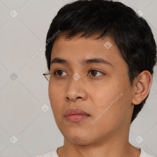 Neutral asian young-adult male with short  black hair and brown eyes