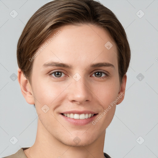 Joyful white young-adult female with short  brown hair and grey eyes