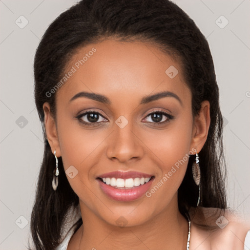 Joyful latino young-adult female with long  brown hair and brown eyes