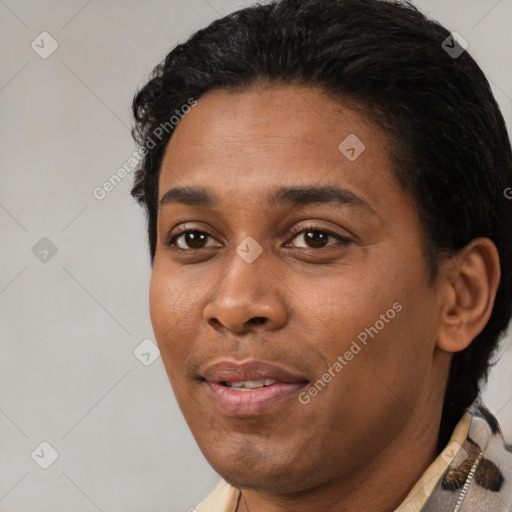 Joyful black young-adult male with short  black hair and brown eyes