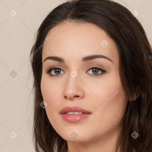 Neutral white young-adult female with long  brown hair and brown eyes