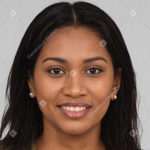 Joyful latino young-adult female with long  brown hair and brown eyes