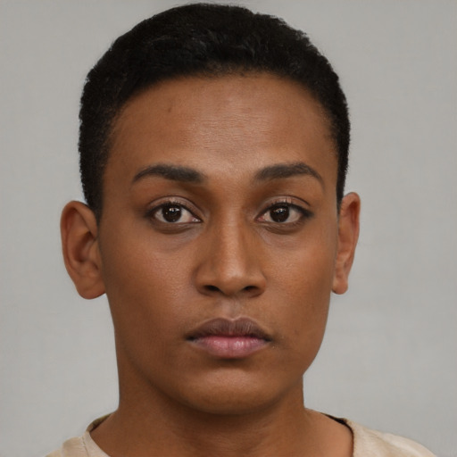Neutral black young-adult female with short  brown hair and brown eyes