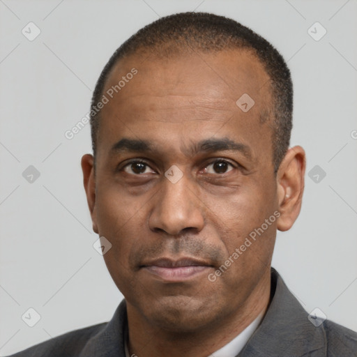 Neutral latino adult male with short  black hair and brown eyes