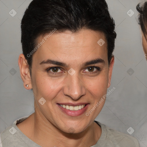 Joyful white young-adult female with short  brown hair and brown eyes