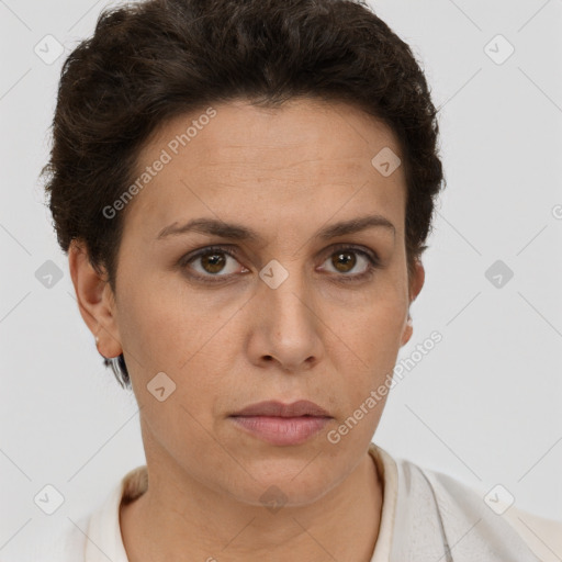 Neutral white young-adult female with short  brown hair and brown eyes