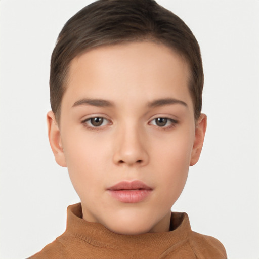 Neutral white young-adult female with short  brown hair and brown eyes