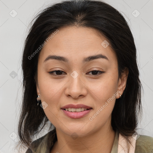 Joyful asian young-adult female with medium  brown hair and brown eyes