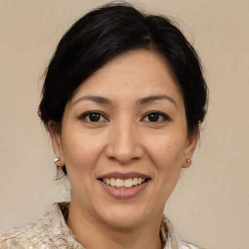 Joyful white adult female with medium  brown hair and brown eyes