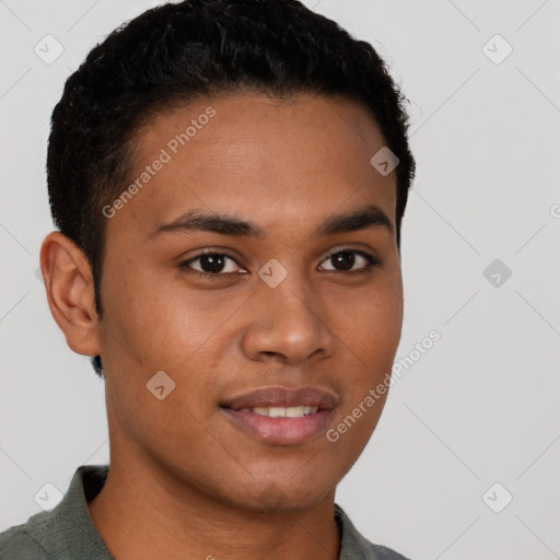 Joyful latino young-adult male with short  brown hair and brown eyes