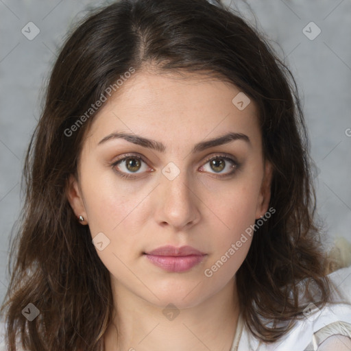 Neutral white young-adult female with medium  brown hair and brown eyes