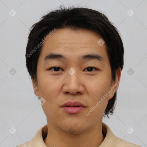 Neutral asian young-adult male with short  black hair and brown eyes