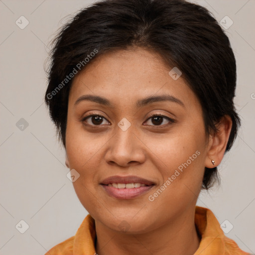 Joyful white young-adult female with medium  brown hair and brown eyes