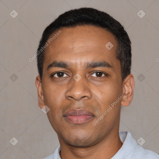 Neutral black young-adult male with short  black hair and brown eyes