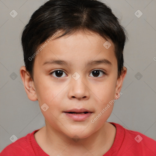 Joyful white child female with short  brown hair and brown eyes