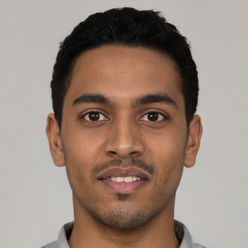 Neutral latino young-adult male with short  black hair and brown eyes