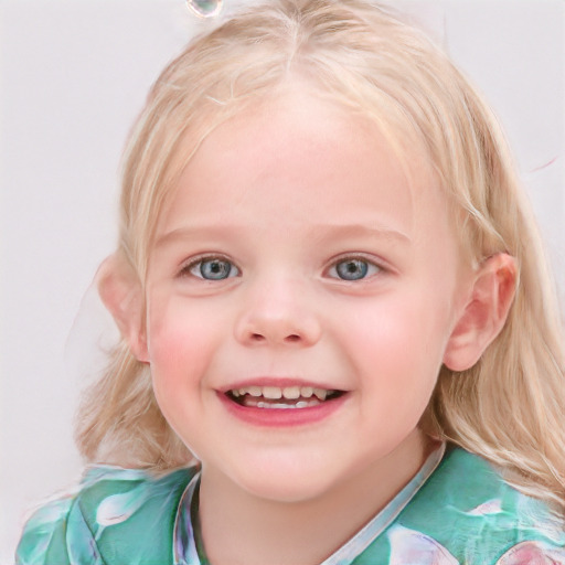 Joyful white child female with medium  blond hair and blue eyes