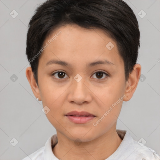 Joyful asian young-adult female with short  brown hair and brown eyes