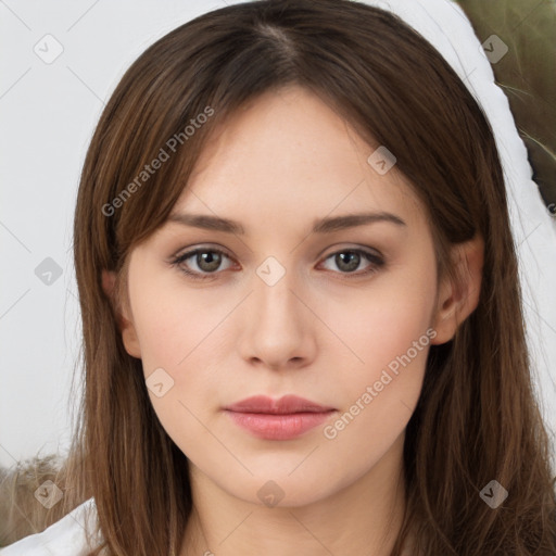 Neutral white young-adult female with long  brown hair and brown eyes