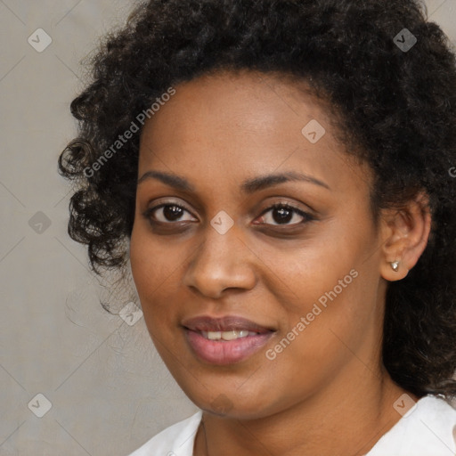 Joyful black young-adult female with medium  black hair and brown eyes