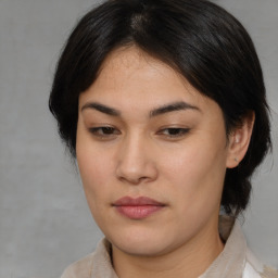 Joyful white young-adult female with medium  brown hair and brown eyes