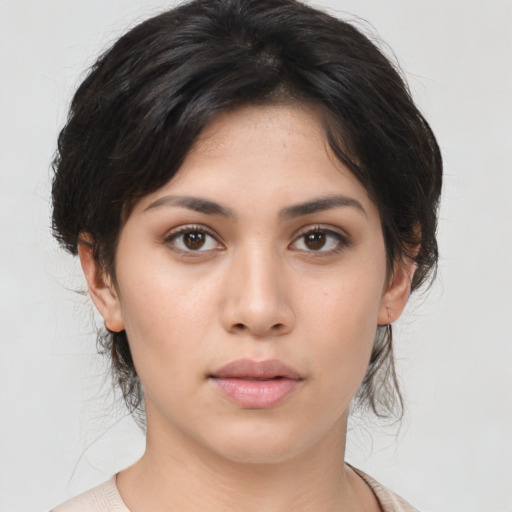 Neutral asian young-adult female with medium  brown hair and brown eyes