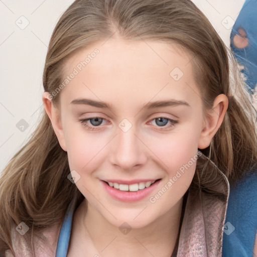 Joyful white child female with medium  brown hair and blue eyes