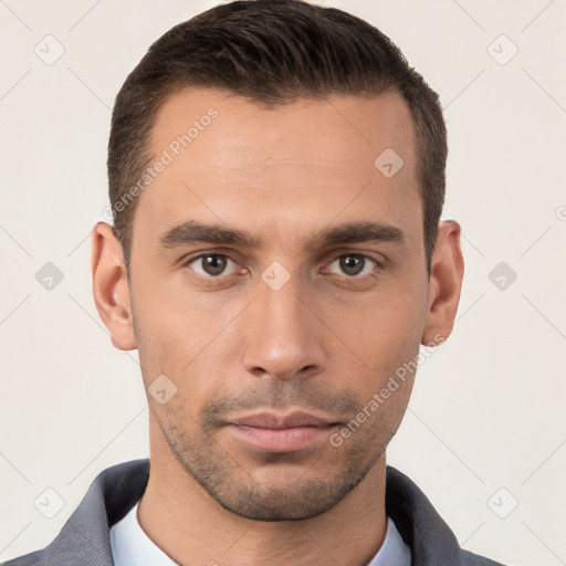 Neutral white young-adult male with short  brown hair and brown eyes