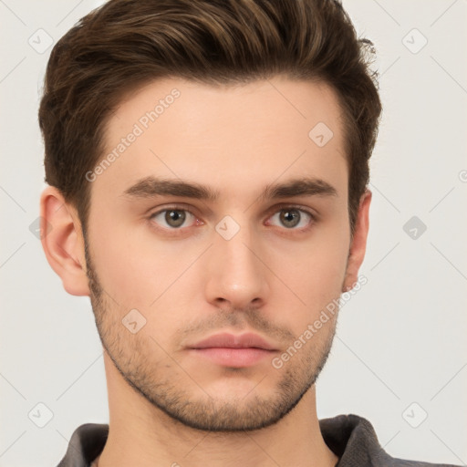 Neutral white young-adult male with short  brown hair and brown eyes