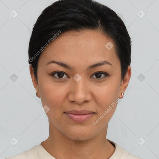 Joyful asian young-adult female with short  brown hair and brown eyes