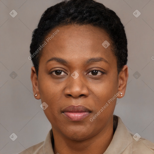 Neutral black young-adult female with short  black hair and brown eyes