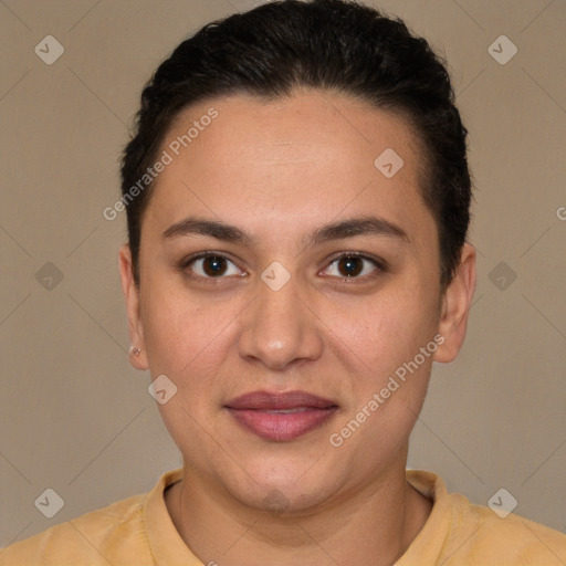 Joyful white young-adult female with short  brown hair and brown eyes