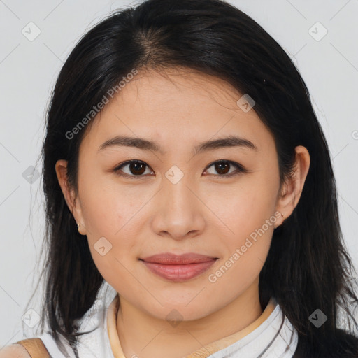 Joyful latino young-adult female with medium  brown hair and brown eyes