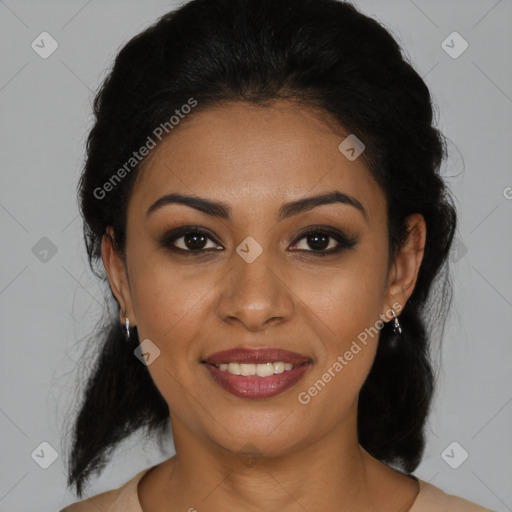 Joyful latino young-adult female with medium  brown hair and brown eyes