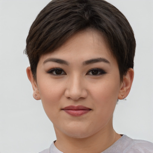 Joyful asian young-adult female with short  brown hair and brown eyes