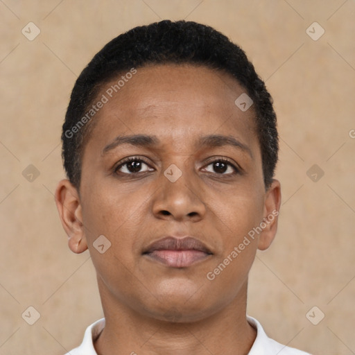 Neutral black young-adult female with short  brown hair and brown eyes