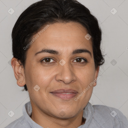 Joyful white adult female with short  brown hair and brown eyes