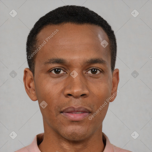 Neutral black young-adult male with short  black hair and brown eyes