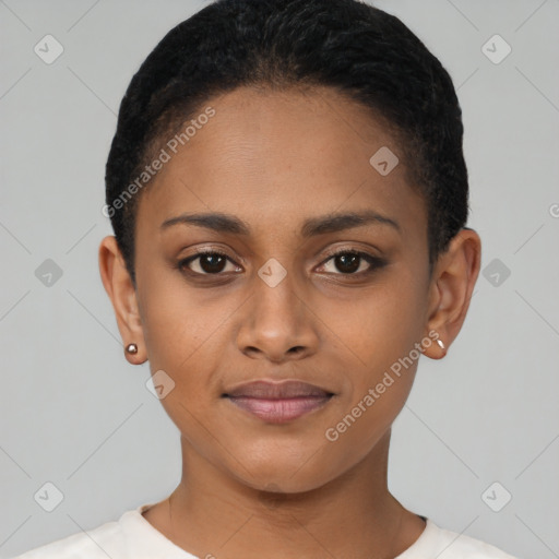 Joyful black young-adult female with short  brown hair and brown eyes