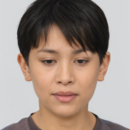 Neutral asian young-adult female with short  brown hair and brown eyes