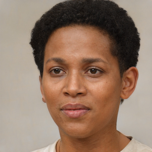 Neutral black adult female with short  brown hair and brown eyes