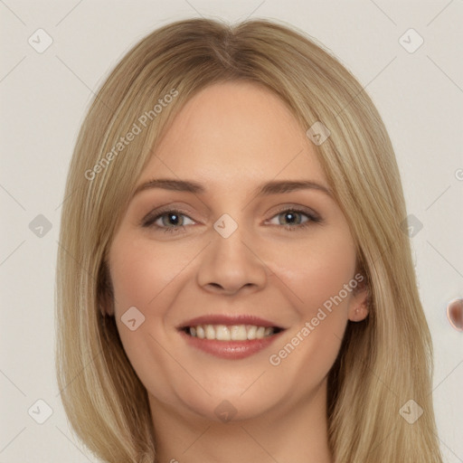 Joyful white young-adult female with long  brown hair and brown eyes