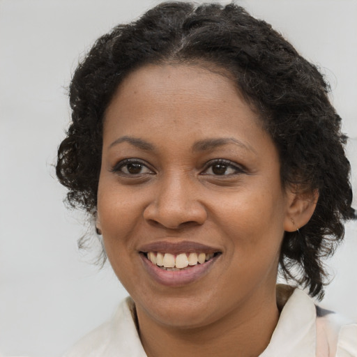 Joyful black young-adult female with long  brown hair and brown eyes