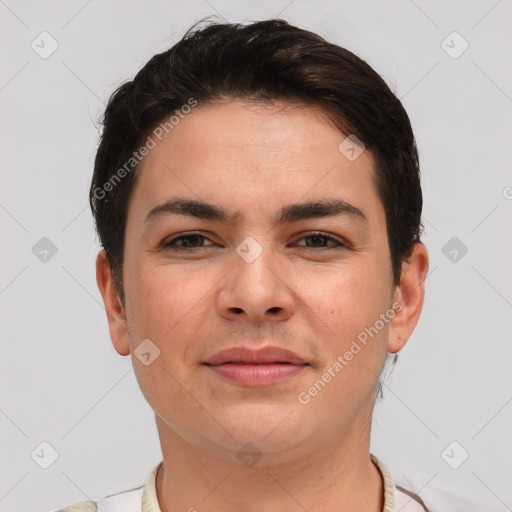 Joyful white young-adult female with short  brown hair and brown eyes