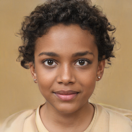 Joyful black child female with medium  brown hair and brown eyes