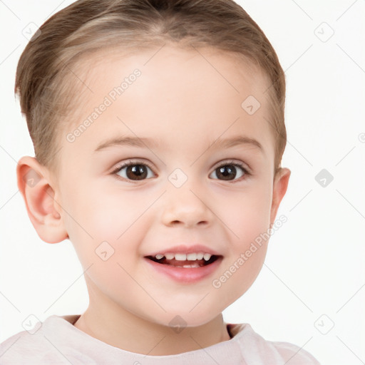 Joyful white child female with short  brown hair and brown eyes